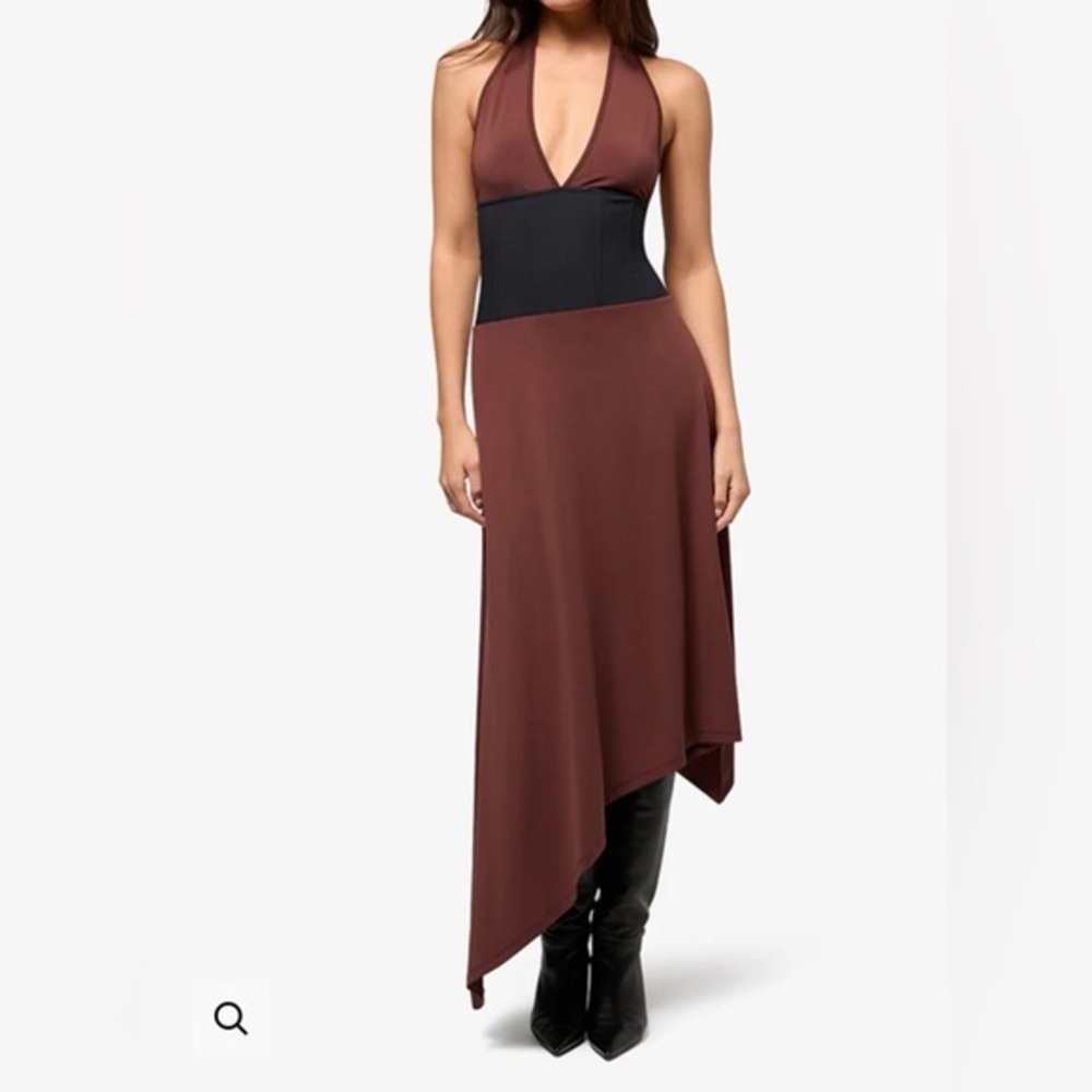 WeWoreWhat Asymmetrical Halter Dress in Brown and Black